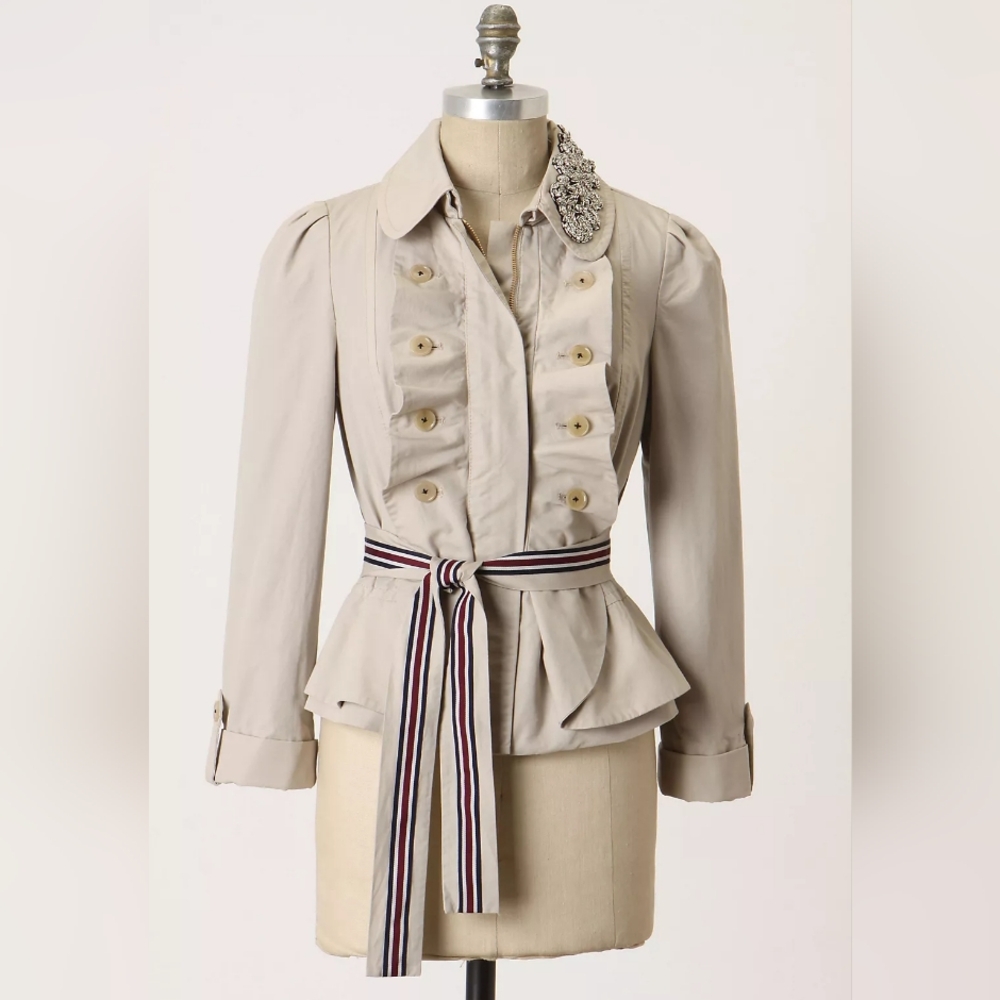 Idra Khaki Jacket with Striped Belt and Embellished Detachable Collar